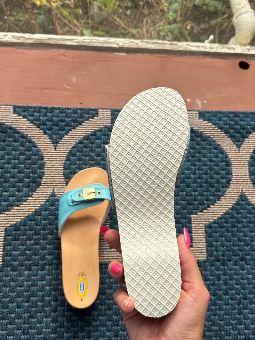 Dr. Scholl's Turquoise Slide Sandals with Gold Buckle - Picture 4 of 4